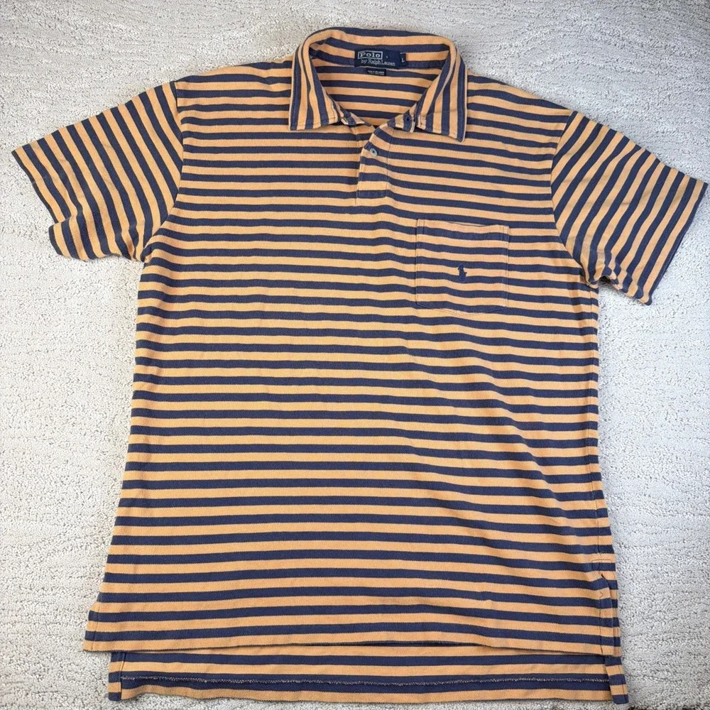 Men's VTG Polo Ralph Lauren Large Cotton Short Sleeve Pocket Polo Shirt Striped